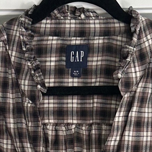 GAP Brown, Black, & Ivory/Cream Plaid Crinkle Gauze Puff Sleeve Shirt - Size XL - Picture 3 of 13